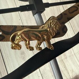 Ann Taylor Gold Lion Buckle Leopard Print Strap Belt